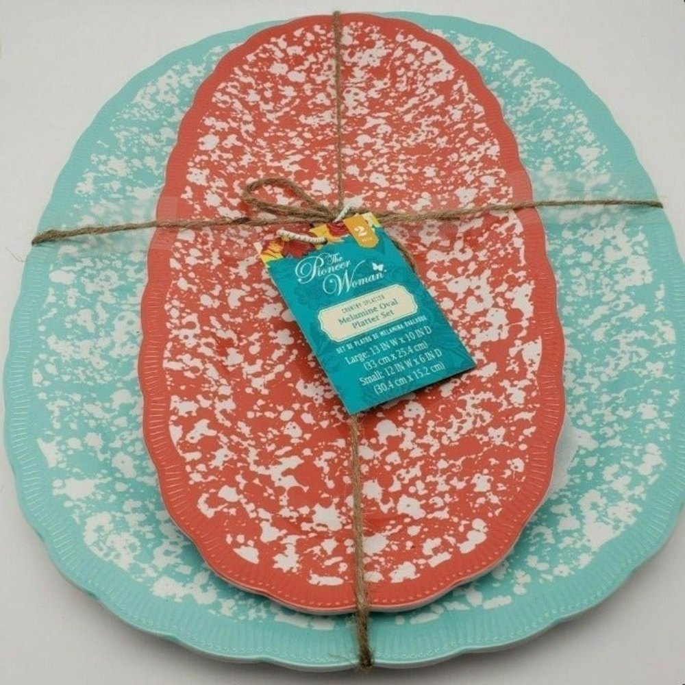 Pioneer Woman Melamine Serve Oval Tray Country Splatter 2Pc Set Coral&Teal New